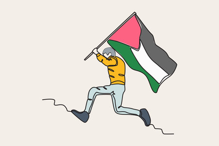 Color illustration of a man running carrying a Palestinian flag. Palestine one-line drawingのイラスト素材