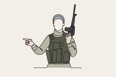 Color illustration of a soldier holding a gun. War one-line drawingのイラスト素材