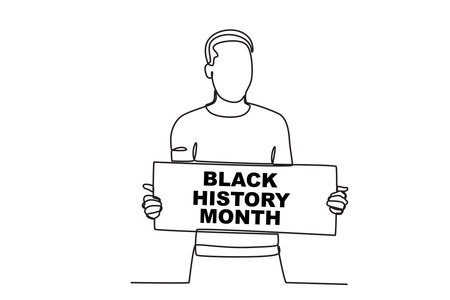 A man holding a Black History Month banner. Black history month one-line drawingのイラスト素材