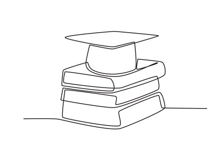 A graduation hat on a stack of books. International day of education one-line drawingのイラスト素材