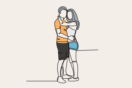 Color illustration of a couple hugging each other. National hugging day one-line drawingのイラスト素材