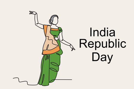 Color illustration of a woman dancing at an Indian festival. Indian republic day one-line drawingのイラスト素材