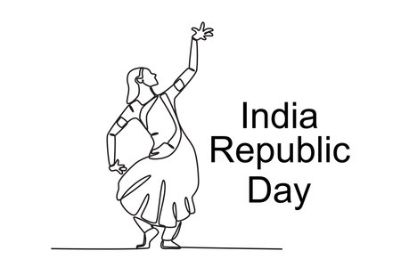 A woman dancing a traditional Indian dance. Indian republic day one-line drawingのイラスト素材