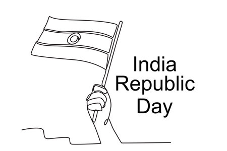 A hand waving a small Indian flag. Indian republic day one-line drawingのイラスト素材