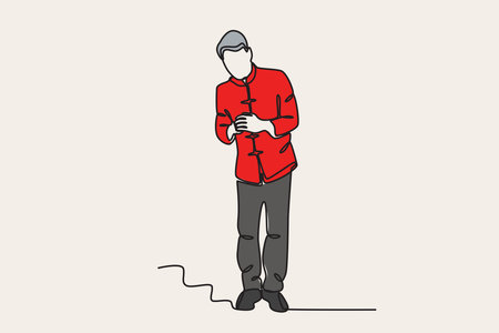 Colored illustration of a young man greeting. Chinese new year one-line drawingのイラスト素材