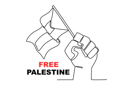 Illustration A hand holding a Palestinian flag. Palestine solidarity one-line drawingのイラスト素材