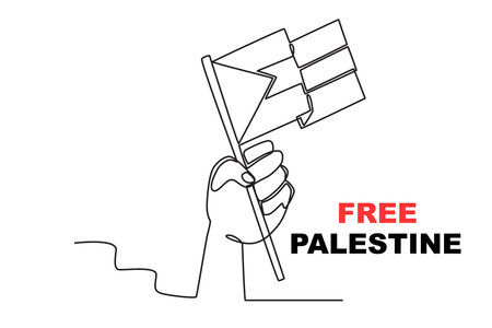 A hand holding a Palestinian flag. Palestine solidarity one-line drawingのイラスト素材