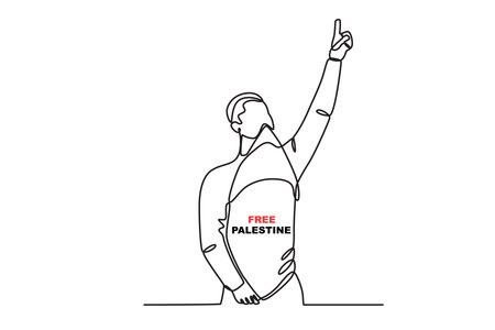 A man raises his hands in defense of Palestine. Palestine solidarity one-line drawingのイラスト素材