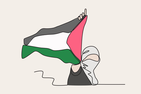 Color illustration of a woman defending Palestine. Palestine solidarity one-line drawingのイラスト素材