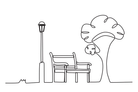 A bench with a tree and garden lights. Garden one-line drawingのイラスト素材