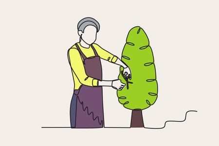 Color illustration of a gardener pruning a tree. Garden one-line drawingのイラスト素材