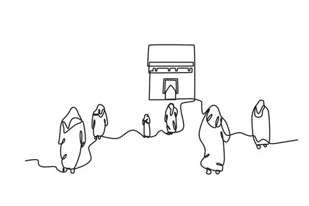 Hajj people surround the Kaaba. Hajj one-line drawingのイラスト素材