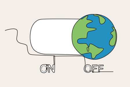 Colored illustration of an earth and a turn-off symbol. Earth Hour one-line drawingのイラスト素材