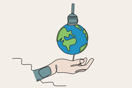 Color illustration saves the earth by turning off the lights. Earth Hour one-line drawingのイラスト素材
