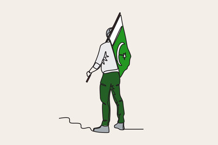 Color illustration of a man carrying a Pakistani flag back view. Pakistan Day one-line drawingのイラスト素材