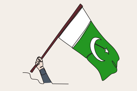 Color illustration of a hand waving the Pakistani flag. Pakistan Day one-line drawingのイラスト素材