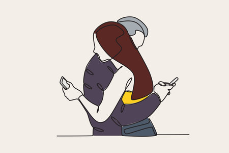 Color illustration of a couple addicted to cell phones. Mobile phone addiction one-line drawingのイラスト素材