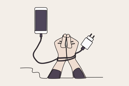 Colored illustration of hands tied to cell phones. Mobile phone addiction one-line drawingのイラスト素材
