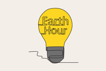Earth hour is done by turning off electronic equipment for one hour. Earth Hour one-line drawingのイラスト素材