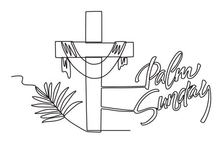 Palma Sunday is synonymous with palm leaves and the sign of the cross. palm Sunday one-line drawingのイラスト素材