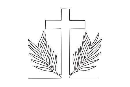 Two Sunday palm leaves and a cross sign. palm Sunday one-line drawingのイラスト素材