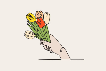A bunch of colorful flowers. Flowers for woman one-line drawingのイラスト素材