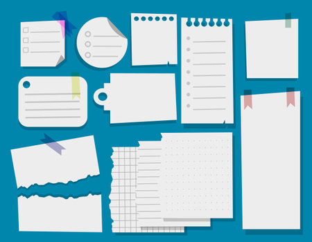 Paper notes. Linear pages of a notebook, lists of notebooks of different sizes, to-do sheet, bullet journal, for school, notebook design, abstract design for an electronic journalのイラスト素材