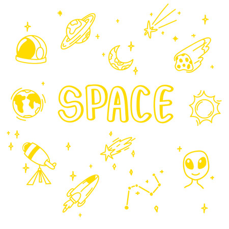 Childish space doodle set with sun, moon, stars, planets, and spaceship. Crayon and ink sketch style. Ideal for kids' prints, posters, and night sky themed illustrations.のイラスト素材