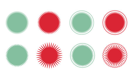 Set of round badges, stamps, labels, and price tags with zig-zag and wavy edges. Includes sun, sunburst, and sunshine icons. Ideal for discount, sale, and promo code stickers, perfect for marketing and promotions.のイラスト素材