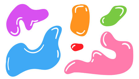 Set of liquid organic shapes featuring abstract, irregular random blobs. Colorful wavy bubbles and drops in trendy Y2K style, perfect for modern designs, digital art, and creative visuals.のイラスト素材