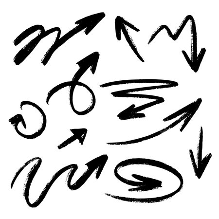 Collection of bold, hand-drawn curved and wavy arrows. Funky thick vector arrows with playful squiggles and brush-style strokes. Ideal for highlighting directions in banners, collages, graphic design, presentations, and creative projects.のイラスト素材