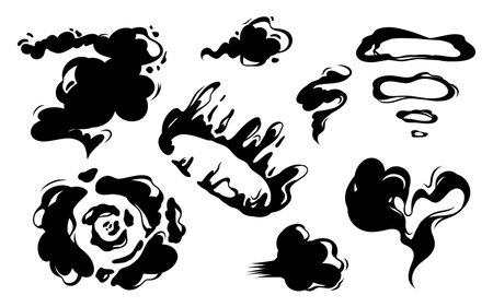 Set of smoke clouds icons, featuring gas, steam, and smoke effects. Vector illustration perfect for design, animation, and visual effects projectsのイラスト素材