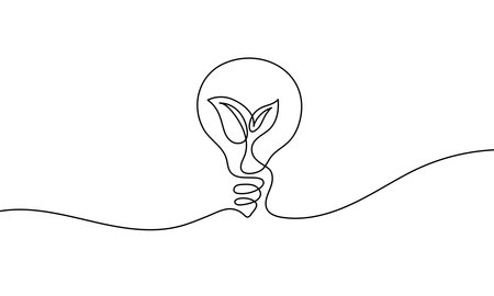 One line drawing of a light bulb with a plant inside. Minimal continuous line vector illustration. Symbol of green energy, sustainability, eco ideas, and innovation. Hand-drawn style.のイラスト素材