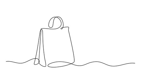 One line drawing of a shopping bag. Minimalist continuous line vector illustration of a paper package. Simple hand-drawn style, perfect for eco shopping, retail, branding, and packaging design.のイラスト素材