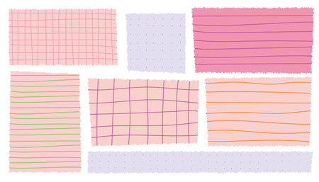 Crayon drawn notebook paper set with grid, lines, dots. Hand drawn colorful notes and funky stickers. Textured square paper for school, math, planner, or bullet journal design.のイラスト素材