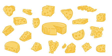 Vector collection of cheese slice illustrations. Hand-drawn doodle style with wedges, blocks, and melted pieces. Perfect for food design, menus, packaging. EPSのイラスト素材