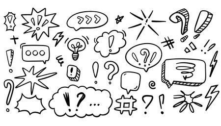 Set of hand-drawn doodle speech bubbles. Cute pen line elements in sketch style with circles, clouds, and grunge details. Perfect for comics, messages, and social media. Vector EPSのイラスト素材