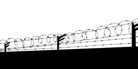 Barbed wire fence silhouette. Vector illustration of security barrier for prison, military zone, or danger area. Sharp metal protection border on white background.のイラスト素材