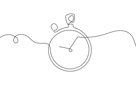 Stopwatch in one continuous line drawing style. Minimalist timer icon for sport, productivity, or countdown concepts. Hand drawn vector illustration. Isolated on white background.のイラスト素材