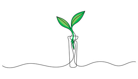 One line drawing of chemical lab flask with sprout. Concept of green science, eco research, biotechnology and sustainable innovation. Minimalist vector illustration.のイラスト素材