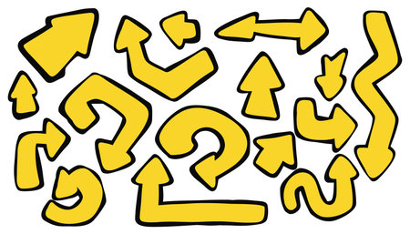 Set of yellow doodle arrows. Hand-drawn sketch-style curved and straight pointers. Fun and playful elements for notes, highlights, infographics, and creative designs.のイラスト素材
