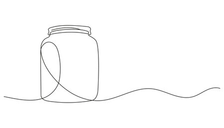 Continuous one line drawing of medicine jar or pill bottle. Minimalist container icon for supplements, vitamins or pharmacy. Vector illustration. Editable stroke.のイラスト素材