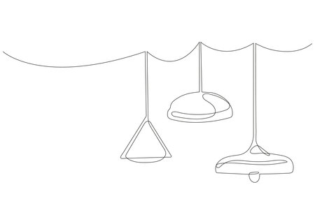 Loft pendant lamps with Edison bulbs drawn in one continuous line. Minimalist horizontal vector illustration of modern hanging lamps with lampshades. Stylish industrial interior design element.のイラスト素材