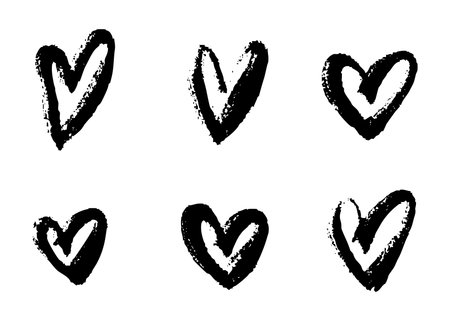 Grunge heart icons set. Scribble ink hearts drawn with markers and crayons. Rough hand-drawn grunge heart shapes for romantic or Valentine design.のイラスト素材