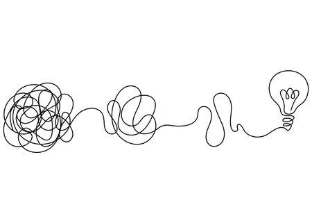 One continuous line drawing from chaos to lightbulb. Concept of problem-solving and business solutions in minimal linear style. Editable stroke doodle vector illustration.のイラスト素材