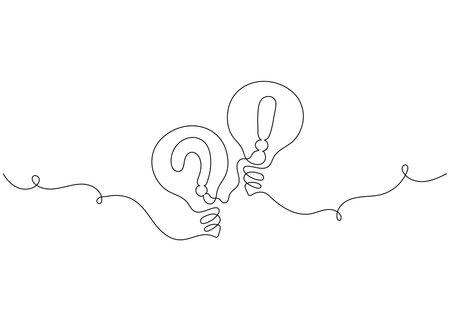 One line drawing of light bulb with question and exclamation marks. Minimal continuous line art vector illustration. Creative idea and problem-solving concept.のイラスト素材