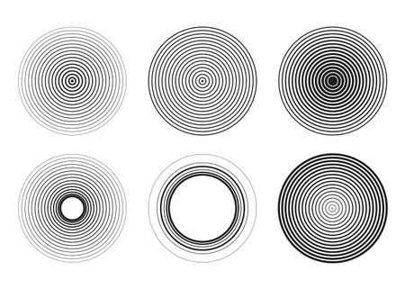 Black concentric circle set. Collection of sonar rings, sound waves, halftone and linear target icons. Ripple, radar, epicenter, and vibration elements in vector line style.のイラスト素材