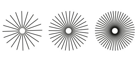 Radial circle lines vector. Circular radiating rays as abstract geometric element. Sun or starburst symbol with concentric design. Isolated on white background for decoration.のイラスト素材