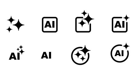 Set of AI generate icons. Square symbols with AI sparkle stars. Vector illustration representing artificial intelligence, machine learning, app design, and web technology.のイラスト素材