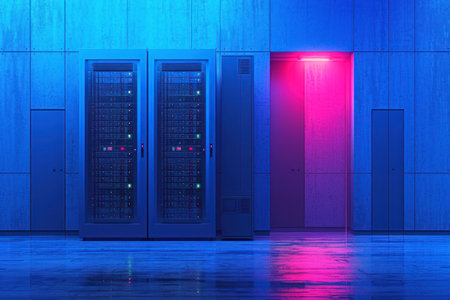 background of a digital server storage with neon lights